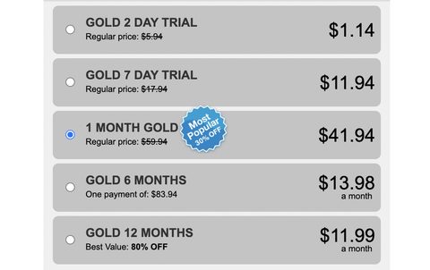Screenshot of the SweetSext prices